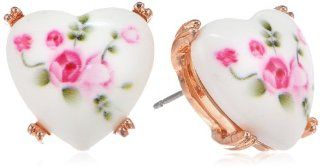 Betsey Johnson "Vintage Bows" Floral Printed Heart Stud Earrings Jewelry