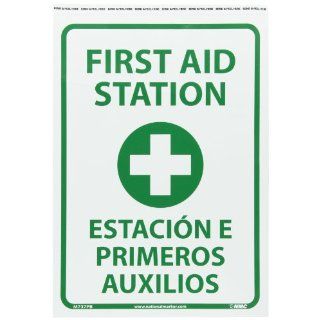 NMC M737PB Bilingual Emergency and First Aid Sign, Legend "FIRST AID STATION" with Graphic, 10" Length x 14" Height, Pressure Sensitive Vinyl, Green on White Industrial Warning Signs