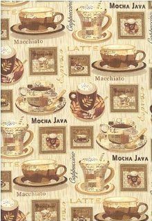 Coffee Break Set Cups Latte Mocha Java Cotton Fabric Print by the yard