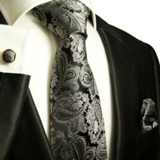 Paul Malone Necktie, Pocket Square and Cufflinks 100% Silk Gray Black Paisley at  Mens Clothing store
