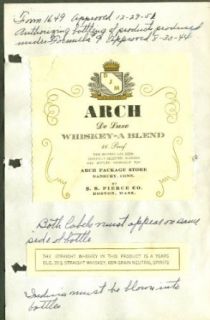 Arch Package Store Whiskey label Danbury CT 1951 Entertainment Collectibles