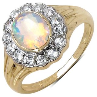 JewelzDirect 10K Yellow Gold Oval Cut Ethiopian Opal Halo Ring