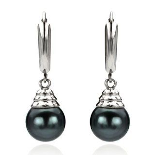 14k White Gold 9 10mm Black Round South Sea Tahitian Pearl High Luster Lever Back Earring. Dangle Earrings Jewelry
