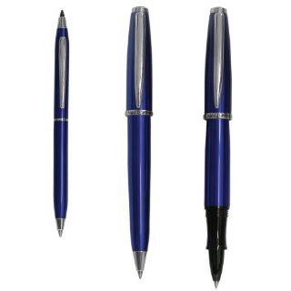 Aldo Domani 3 Piece Pen Set With Fountain/Rollerball/Mini Ballpoint Pen, 1.0 mm, Medium Point, Blue Barrel, Black Ink 