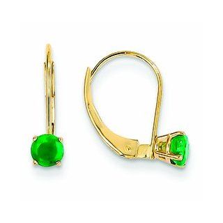 Genuine 14K Yellow Gold 4mm Round May Emerald Leverback Earrings 0.75 Grams of Gold Dangle Earrings Jewelry