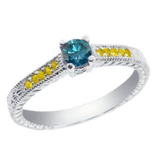 0.36 Ct Round Blue Diamond Yellow Citrine 925 Sterling Silver Engagement Ring Jewelry