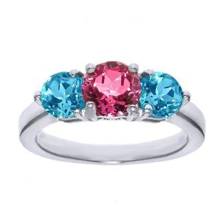2.00 Ct 3 Stone Round Pink and Blue Topaz 925 Sterling Silver Ring Right Hand Rings Jewelry