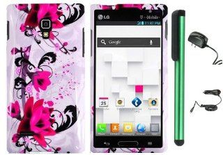 LG Optimus L9 P769   String Of Red Flower On White Premium Design Protector Hard Cover Case (T Mobile) + Luxmo Brand Travel (Wall) Charger & Car Charger + Combination 1 of New Metal Stylus Touch Screen Pen (4" Height, Random Color  Black, Silver, 