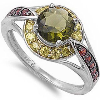 Green Amethyst, Yellow Cz, & Garnet .925 Sterling Silver Ring Size 5 Jewelry