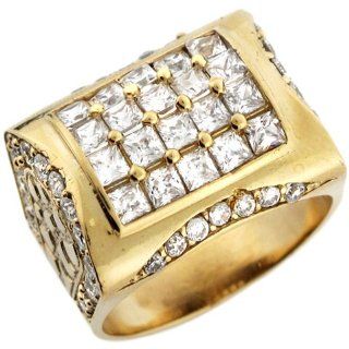 14k Yellow Gold White CZ Treasure Chest Design Etched Mens Ring Jewelry