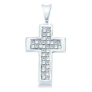 14k White Gold Princess Cut Invisible Channel Set Diamond Cross Pendant (1/4 cttw) Jewelry