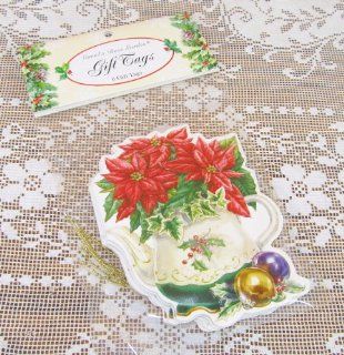 6 Carol Wilson Embossed Christmas Gift Tags Teapot w/Red Poinsettias Glitter Accents Health & Personal Care