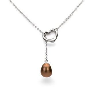 Sterling Silver Open Heart Shape with 10.5 11mm Brown Cultured Freshwater Pearl Chain Necklace 21" Jewelry
