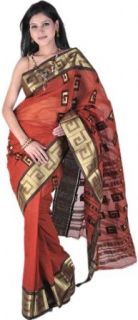 Exotic India Burnt Ochre Dhakai Sari from Kolkatta with Golden Thread We   Ochre Clothing