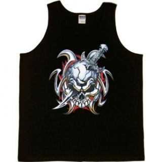 MENS TANK TOP  WHITE   SMALL   Skull With Dagger   Tribal Tattoo Goth Punk Emo Biker Novelty T Shirts Clothing