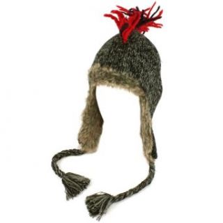 Winter Mohawk Knit Fringe Faux Fake Fur Fleece Lined Trapper Ski Cap Hat Black Clothing