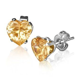 E785 Stainless Steel Prong Set Heart November Birthstone Stud Earrings with Gem Stones Jewelry