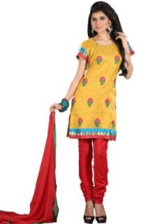 Saffron Yellow and Rose madder Red Zarihota Churidar Kameez in Small Size Clothing