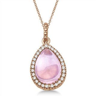 Pear Shaped Pink Quartz Cabochon and Diamond G H/SI Fashion Pendant Necklace 14K Rose Gold (3.10ctw) Allurez Jewelry