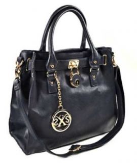 Women's Navy Leather like Front decorative lock Hand Bag F72 Clothing