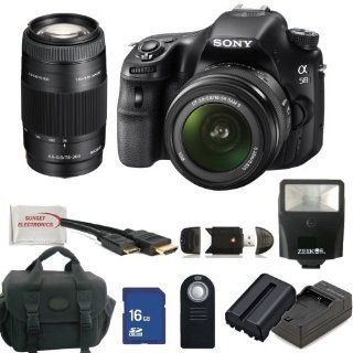 Sony Alpha SLT A58 Digital SLR Camera Kit with 18 55mm & 75 300mm Lenses. Also Includes 16GB Memory Card, Memory Card Reader, HDMI Cable, Flash, Large Carrying Case, Extended Life Replacement Battery, Rapid Travel Chareger, Remote Control and SSE Micr