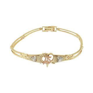 14k Tricolor Gold, 15 Anos Quinceanera Heart Bracelet with Lab Created Gems 13mm Wide Link Bracelets Jewelry