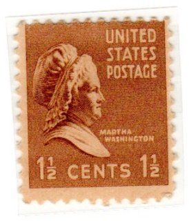 Postage Stamps United States. One Single 1 1/2 Cents Bister Brown Martha Washington Presidential Issue Stamp Dated 1938 54, Scott #805. 