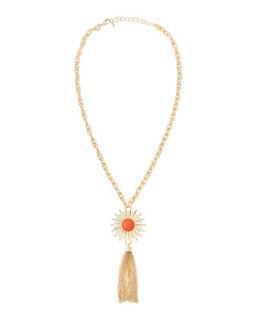 Beaded Sunburst & Tassel Pendant Necklace, Coral
