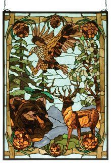 Wilderness Stained Glass Window, BEar, Eagle, Deer Tiffany Style   Stained Glass Window Panels