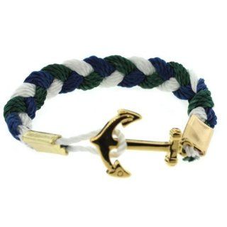 Nautical Stainless Steel Anchor (Gold Tone) Clasp Green, Blue and White Braided Friendship Bracelet Jewelry