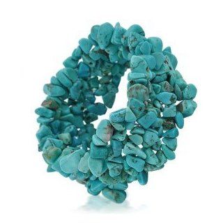 Genuine Turquoise Gemstone Chip Wide Multi Strand Stretch Bracelet, Packaged in an Organza Jewelry Bag Jewelry