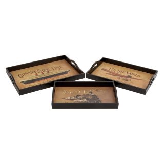 Benzara 2H in. Wood Leather Tray   Set of 3   Bowls & Trays