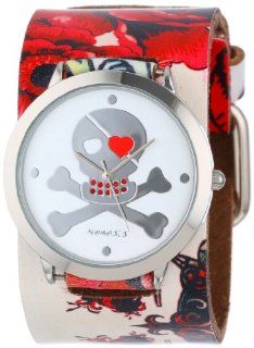 Nemesis Women's 310 821R Heart Skull Collection Flower Tattoo inspired Leather Band Watch Watches