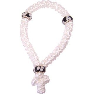 White 33 knots chotki made with grade A Pandora beads and thick white cord Holylandmarket Jewelry