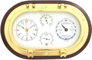 Bey Berk International Brass Porthole Tide and Time Clock, Thermo., and Hygro on Mahogany T.P.   Weather Stations