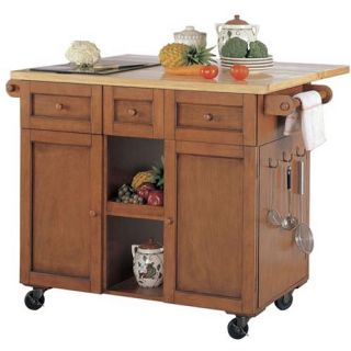 Powell Medium Oak 3 Drawer Kitchen Butler with Granite Cutting Board   Kitchen Islands and Carts