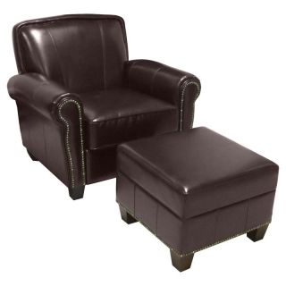 Redmond Leather Nailhead Club Chair and Storage Ottoman   Brown   Leather Club Chairs