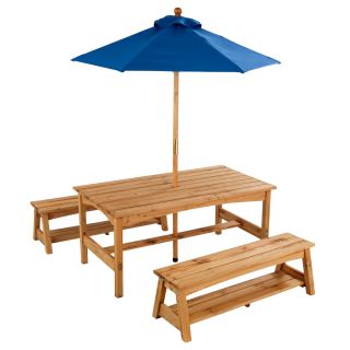 KidKraft Outdoor Table and Benches with Blue Umbrella   Optional Personalization   Picnic Tables