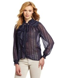 Democracy Women's Front Ruffle And Tie Long Sleeve Button Down Shirt, Navy, Small
