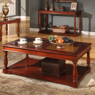 Parker House Andrews Rectangle Traditional Cherry Wood and Glass Coffee Table with Casters   Coffee Tables