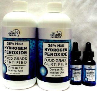 The One Minute Miracle 35% H2o2 Hydrogen Peroxide Food Grade Certified 2 Bottles 16 oz Each Plus a 2 FREE 1 oz Bottle Glass Dropper Health & Personal Care