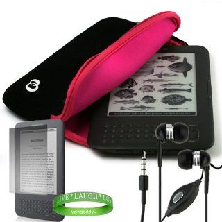 Kindle 3 ( Wifi Only , Wifi + 3G ) ( Latest Generation ) Accessories Kit Black with Pink Carrying Sleeve With Extra Pocket + Kindle Earphones with Microphone + Custom Cut Kindle 2 Screen Protector + A Live*Laugh*Love Wrist Band Kindle Store