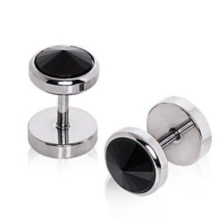 Pair (2) Steel Pointed Black CZ Gem Cheater Fake Ear Plugs   2G Look Earrings Jewelry