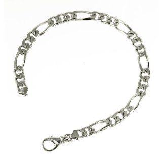Platinum Figaro Solid Link Chain 6.2mm Bracelet with Lobster Claw Clasp   8" Jewelry