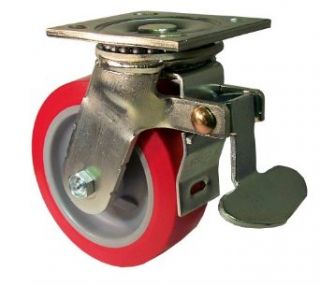 E.R. Wagner Plate Caster, Swivel with Total Lock Brake, Polyurethane on Polyolefin Wheel, Roller Bearing, 750 lbs Capacity, 5" Wheel Dia, 2" Wheel Width, 6 1/2" Mount Height, 4 1/2" Plate Length, 4" Plate Width Industrial & Sc
