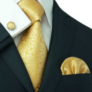 Landisun 28C Gold Yellow Floral Pattern Mens Silk Tie Set Tie+Hanky+Cufflinks at  Mens Clothing store