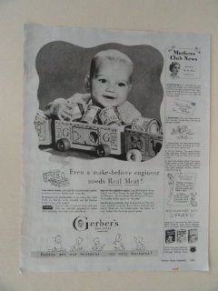 Gerber's Baby Food. 40's full page print ad. (baby, toy train.) original vintage 1949 Woman's Home Companion magazine Print Art.  