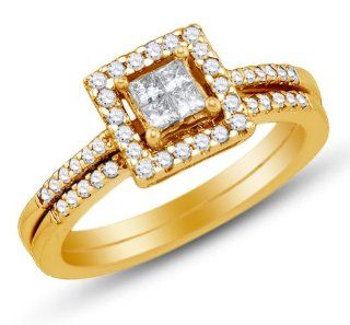14K Yellow Gold Princess and Round Cut Diamond Bridal Engagement Ring and Matching Wedding Band Two 2 Ring Set   Invisible Set Square Princess Shape Center Setting with Channel Set Side Stones   (1/2 cttw.) Jewelry