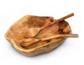 Enrico Root Wood Extra Large Salad Bowl with Enrico Root Servers   Serving Bowls & Baskets