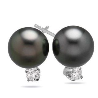 0.15 Cts Diamond & 8.5 9 mm Tahitian Cultured Pearl (AAA) Earrings in 18K White Gold Stud Earrings Jewelry